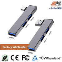 Adaptateur USB-C Hub OEM OTG 3-en-1 Multiport USB3.0 USB-A 3 Ports en Alliage d'Aluminium Gris Argenté Portable pour Transfert de Données Haute Vitesse