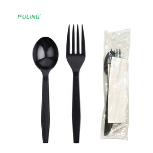 fork and knife to go set medium weight black wrapped plastic cutlery set with napkin and salt and pepper packets