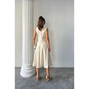 Conjunto de Dos Piezas de Alta Calidad: Blusa Sin Mangas de Gabardina Beige y Falda Campana de Cintura Alta - Product Image 1