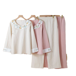 Pyjama pour femmes, nouveau style <span class=keywords><strong>chinois</strong></span>, tissé, brodé, respirant, en coton et lin, taille élastique, <span class=keywords><strong>pantalon</strong></span> uni à manches longues - Product Image 1