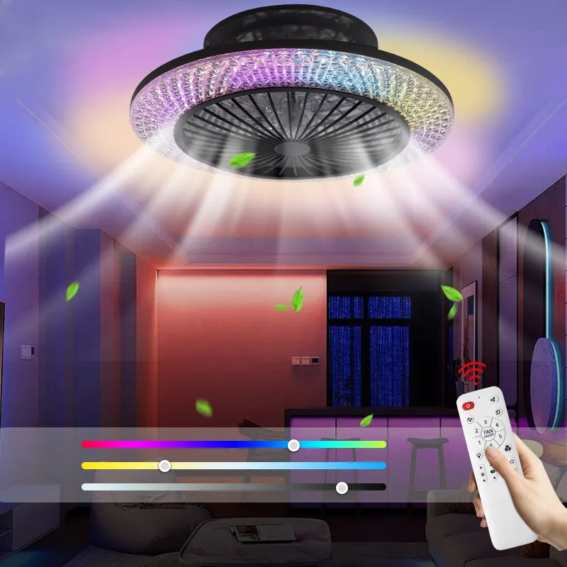 Decken-Smart-Home-Lichter Lüfter dimmbar 5 Windgeschwindigkeiten Fernbedienungsbase geschlossen RGB LED Deckenlüfter für Schlafzimmer Küche