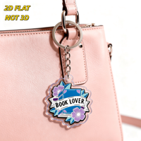 Porte-clés en acrylique pour les amoureux des livres, Livre bleu avec fleurs violettes et bannière, Breloque à bord transparent, Anneau métallique + Chaîne, pour clés ou fermeture éclair de sac