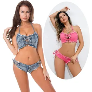 Bikinis de mezclilla Conjuntos de dos piezas Ropa de baile de club nocturno Triángulo Jeans Pantalones cortos Vendaje Sujetador Top Bar Trajes Traje de baño