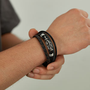 Benutzer definierte Herren Edelstahl Feder Charm <span class=keywords><strong>Black</strong></span> Layers Leder Armband mit Schnalle - Product Image 5