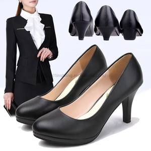 Professional Work Formal Dress Etiquette Interview Women's <b>Small</b> Leather Shoes Single Mid-heel Autumn Black Dress Shoes - Product Image 1