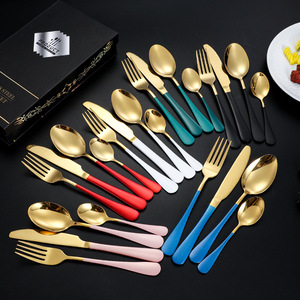 Pei Jiale Stainless Steel Cutlery Set 24 Pieces Black Gold Steak Knife Fork Spoon Tea Spoon <b>Gift</b> <b>Box</b> - Product Image 3