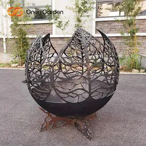 Esfera de aço pintada para fogueira, com padrões de árvores pretas, grande bola redonda para jardim ao ar livre, esfera para fogueira doméstica