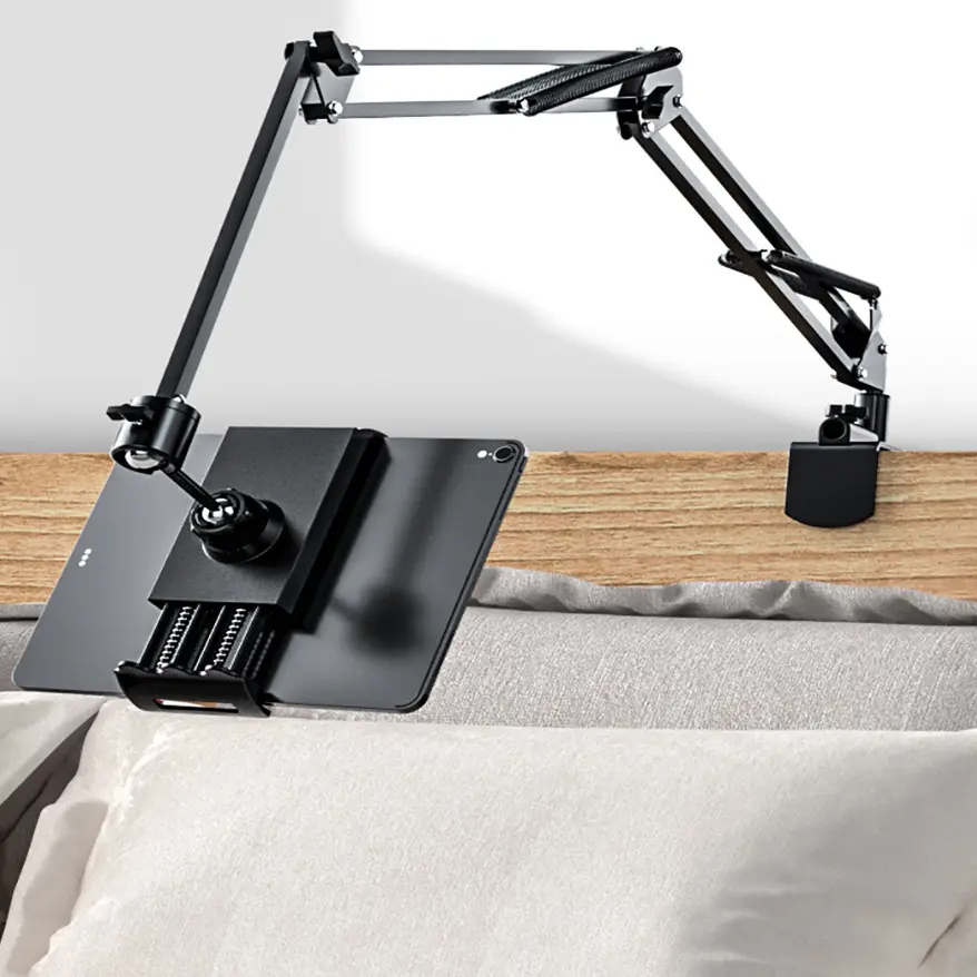 360 degree rotation folding metal long arm phone tablet stand for desktop bed sofa