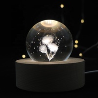 Lampe de nuit LED en forme de fleur, base en bois, boule de cristal, lampe de nuit pour la décoration de la maison, lampe à illusion 3D populaire pour la décoration de la maison