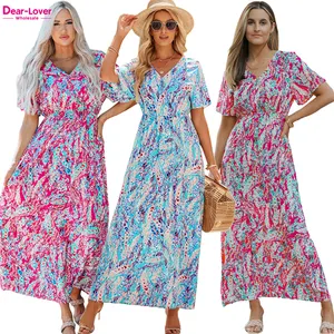 Dear-Lover Wholesale Private Label Summer V Neck Wrap Women Elegant Maxi Long Bohemian Boho Floral Dress