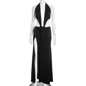 Viviblook J25DS474 Nouvelle Robe de Soirée pour Femmes Couleur Unie Sexy Halter Sans Manches Maxi Fendue Décolleté Profond en V - Product Image 4