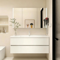 Ensemble de meuble-lavabo de salle de bain en bois massif avec vasque intégrée en céramique