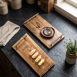 Plateau de service rectangulaire en bois avec poignée pour la présentation des aliments, finition naturelle non traitée, usage résidentiel - Product Image 3