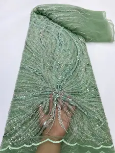 Tela de renda para vestido de noiva com lantejoulas e pérolas coloridas bordadas de luxo com miçangas NI.AI