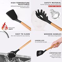 BST – ensemble d'ustensiles de cuisine en silicone avec support et poignée en bois, 14 pièces