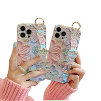 Coréen Bleu Peinture À L'huile Fleur Lentille iPhone Étui De Protection Nouveau Paquet Complet Anti-Chute avec PM Lanyard Made TPU + PC