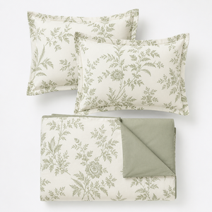 Parure de lit 3 pièces en coton botanique vert sauge, douce et respirante, motif floral, avec fermeture éclair - Product Image 2