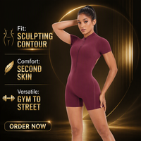 Combinaison de yoga pour femmes, demi-zip, manches courtes, dos nu, sans couture, pour fitness et danse