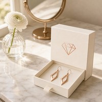 Boîte à tiroir rigide mate ivoire avec emblème géométrique en feuille d'or rose, emballage cadeau personnalisé pour boucles d'oreilles et bijoux