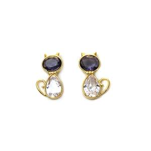 <b>Cat</b> Shape Stud <b>Earrings</b> Pvd Gold Plated 316L Stainless Steel With Purple And Clear Crystals Fashion Jewelry - Product Image 1