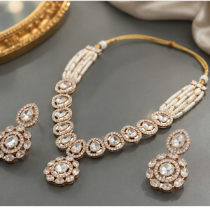 925 <b>Silver</b> Necklace and Earrings Set for Women White Pearls Kundan Work Traditional Indian Bridal Jewelry Pendant Set - Product Image 4