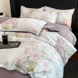 Nouveau 4 pièces Rose motif imprimé <span class=keywords><strong>Polyester</strong></span> lavé imité Lyocell feuille <span class=keywords><strong>housse</strong></span> <span class=keywords><strong>de</strong></span> <span class=keywords><strong>couette</strong></span> et taie d'oreiller literie pour la maison - Product Image 2