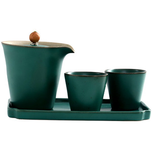 Juego de Té de Cerámica Kung Fu, Una Tetera y Dos Tazas, Juego de Té Portátil de Viaje, Bandeja Rectangular Verde Oscura, Uso Doméstico - Product Image 4