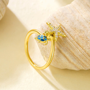 <span class=keywords><strong>Bague</strong></span> ouverte SongYi style océan plaqué <span class=keywords><strong>or</strong></span> 18 carats avec étoile de mer et tortue marine pour <span class=keywords><strong>femme</strong></span>, émail bleu, ajustable, bijoux de plage sur le thème de la vie marine - Product Image 5