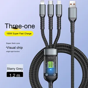 Hot 100W nylon trong suố<span class=keywords><strong>t</strong></span> hiển thị kỹ thuậ<span class=keywords><strong>t</strong></span> số ba-trong-mộ<span class=keywords><strong>t</strong></span> sạc nhanh cáp dữ liệu mộ<span class=keywords><strong>t</strong></span>-để-ba Khả năng <span class=keywords><strong>t</strong></span>ương thích cho Huawei Android - Product Image 1