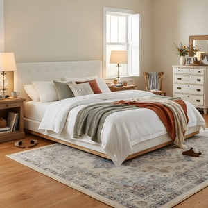 Adjustable <b>Convertible</b> Solid Rubber Wood King Platform <b>Bed</b> Upholstered Headboard Modern Tufted Design Sturdy Slat Support - Product Image 3