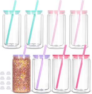 Gobelet isotherme à double paroi en plastique écologique de 16 oz, design fin avec couvercle en PP pailleté, paille, thé, vin, cadeaux - Product Image 2
