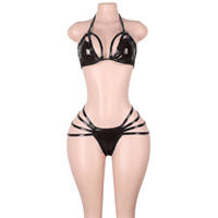 Ensembles de lingerie deux pièces en cuir verni noir avec boucle de ceinture, style bikini, pour femmes, tenues de club, de serveuse de bar, pour adultes et festivals