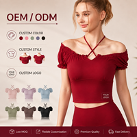 Haut court sexy pour femme, rouge bordeaux, à épaules dénudées, manches bouffantes croisées, côtelé, coupe ajustée, pour soirée, club, mode estivale décontractée