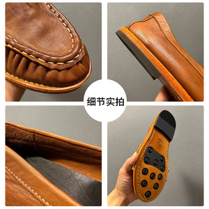Men's Leather Loafers Coffee Brown Solid Color <b>Slip</b> <b>On</b> Low Heel Casual Shoes Sewing Sole - Product Image 3