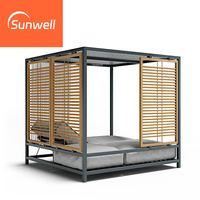 Ensemble de mobilier d'extérieur de style moderne pour hôtel Lit de jour en teck avec cadre en aluminium Lit de jour avec cabane latérale pour piscine et rideau à baldaquin
