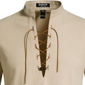 Camicie Casual da <span class=keywords><strong>Uomo</strong></span> 100% Cotone Vintage con Colletto Alto e Lacci - Product Image 3