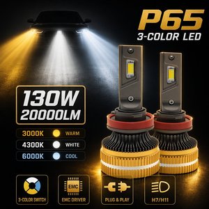 Lampadina <span class=keywords><strong>LED</strong></span> P65 H11 a 3 Colori 130W 20000LM Super Luminosa, Kit di Conversione Fari <span class=keywords><strong>LED</strong></span> H11 <span class=keywords><strong>H9</strong></span> H8 H7 H4 6000K 4300K 3000K - Product Image 3