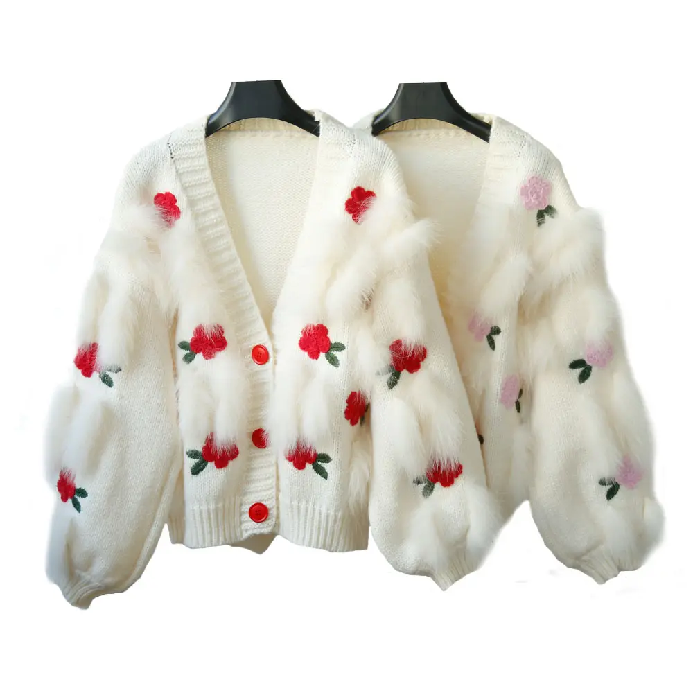 New Designed Wool Blended Short Knti Ladies Cardigan With Fur Trim