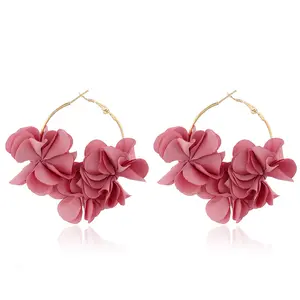 Korean Holiday Style Fairy Fabric Large Petal Flower Hoop Earrings Girls Boho Long Dangle Flower Fabric Earrings For Women