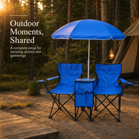 Chaise de camping pliante double en acier Oxford 600D bleu roi avec parasol amovible et glacière centrale intégrée pour la plage
