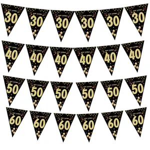 18Y, 21Y 30Y, 40Y, 50Y, 60Y, 70Y, 80Y banderas de números negros y dorados decoración de fiesta de cumpleaños pancartas de papel y banderas triangulares