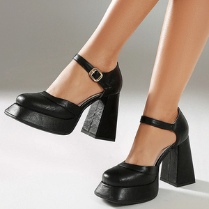 Escarpins à talons épais pour femmes, sandales à découpes avec boucles à la cheville, chaussures de soirée à plateforme épaisse et bout rond - Product Image 6