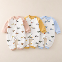 Lot de 3 Combinaisons pour Bébé |   Combinaison chaude rembourrée en coton respirant à capuche avec fermeture à boutons-pression intégrale |   Impression de voiture de dessin animé |   Pêche Moutarde Bleu 0-1Y