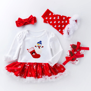 Ensemble de tenues de Noël pour bébé fille Robe barboteuse à manches longues avec imprimé flocon de neige Bandeau assorti Jambières et chaussures à pois - Product Image 3