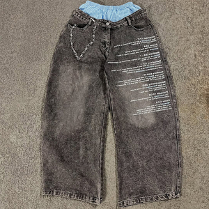 مخصص خمر غسل السراويل الجينز الشاشة المطبوعة شعار واسع الساق فضفاض مزدوج الخصر الشارع الجينز للرجال - Product Image 3