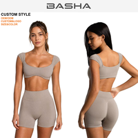 Set Yoga Wanita Custom OEM ODM Atasan Crop Top Lengan Pendek Celana Pendek High Waist Butter Lift 2 Potong Pakaian Olahraga Aktif Set Custom