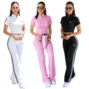 Y71652 Tracksuit Set Women <b>Zipper</b> Short Sleeve Crop <b>Top</b> With Stripes Pants Sportswear For Casual Workout Fitness Wear - Product Image 1