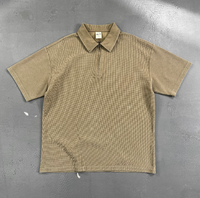 Polo en tricot gaufré teint à la cire 325G avec fermeture éclair, t-shirt vintage délavé et vieilli à manches courtes pour homme