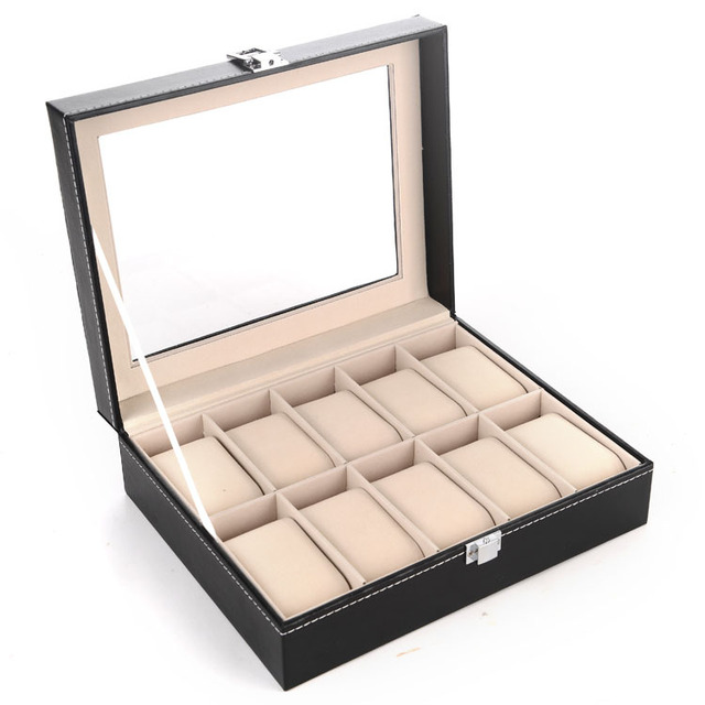 Ready to Ship 10 Slots 12 Slots Watch Packaging Watch Storage Display Leather Watch Case With Glass Lid