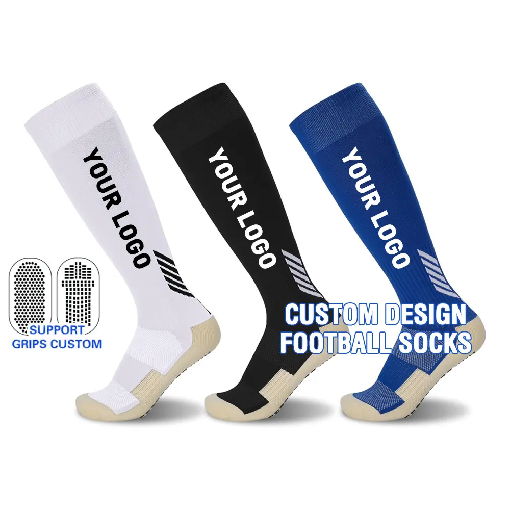 Hot Sale Custom Design Logo Knie High Grip Socken Designer Anti Slip Fußball Socken Berühmte Marken Fußball Grip Socken